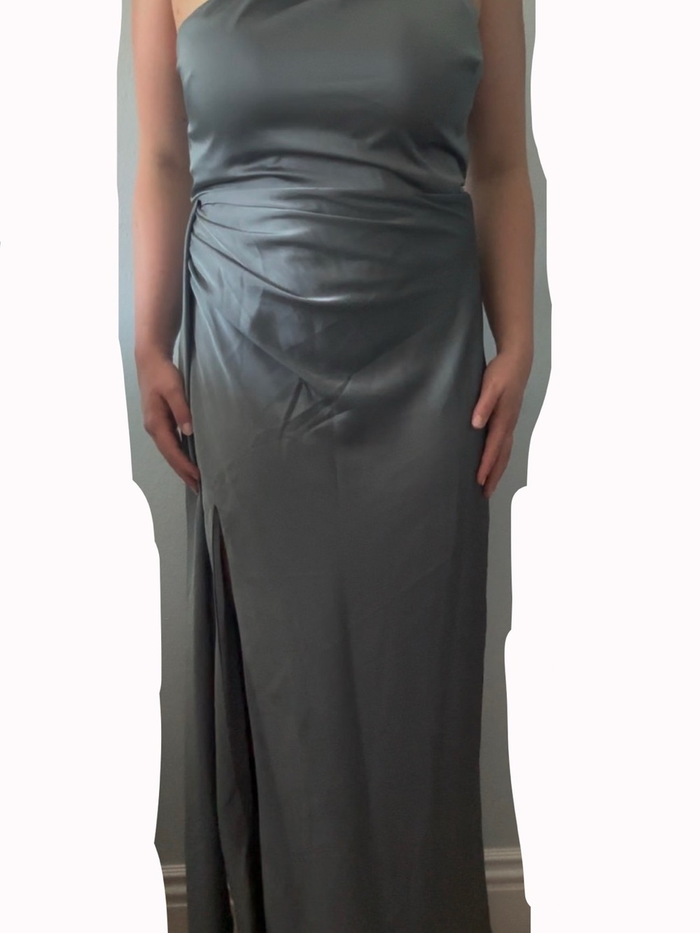 Slate blue satin one-shoulder Maxi Dress